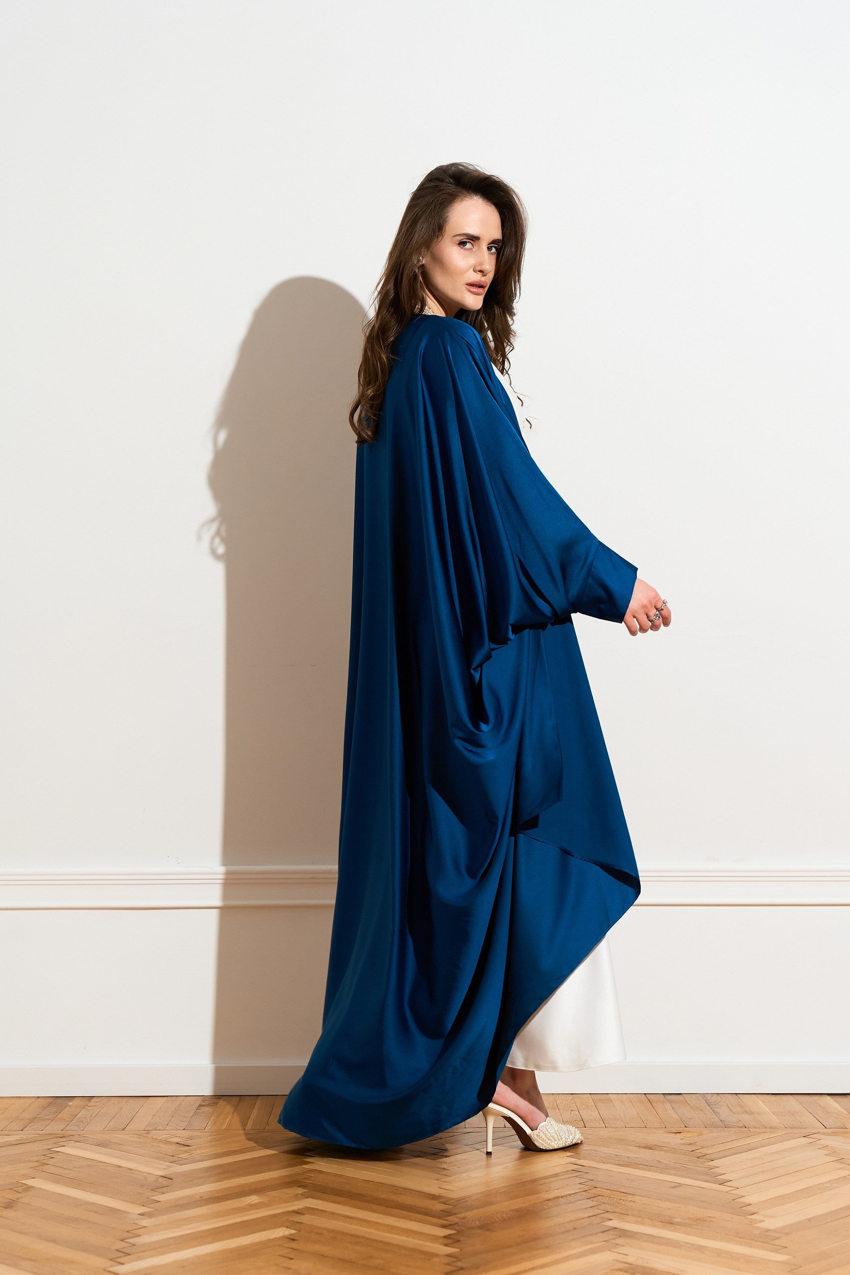 Silk abaya cape in Deep Blue color from the side