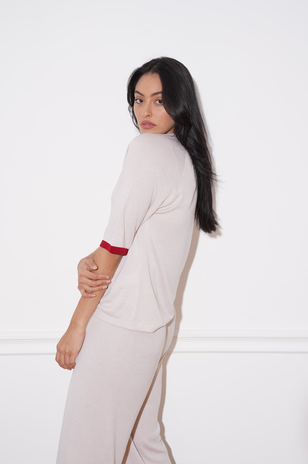 Ivory lightweight top with a burgundy stripe 
