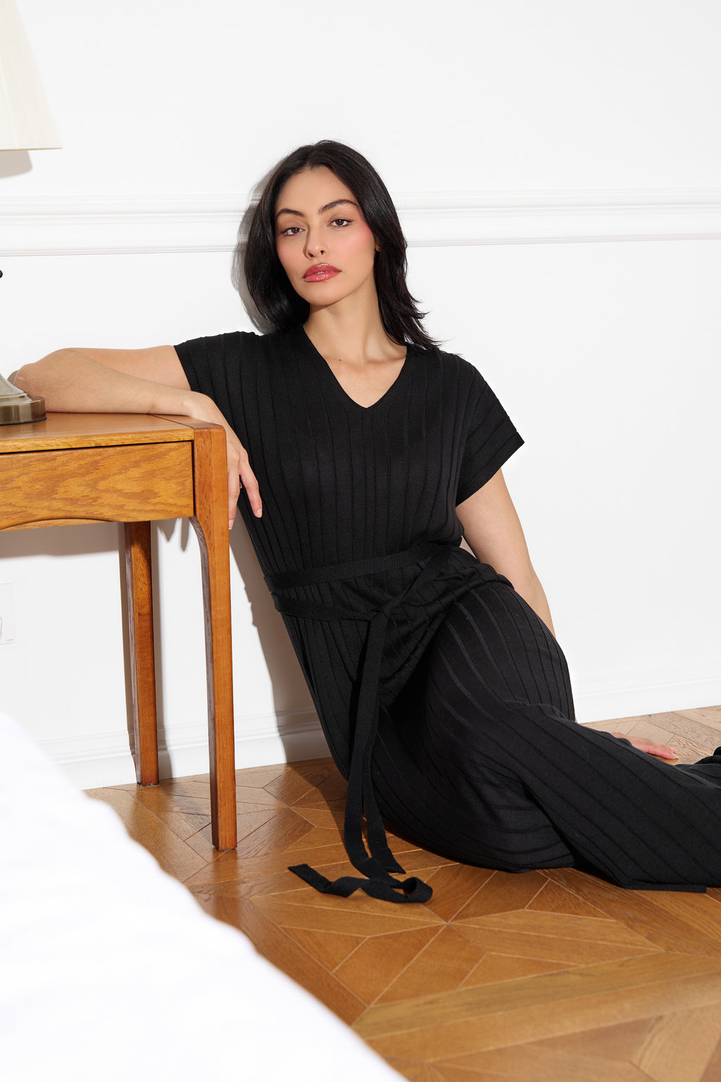 Black knit ribbed dress close up