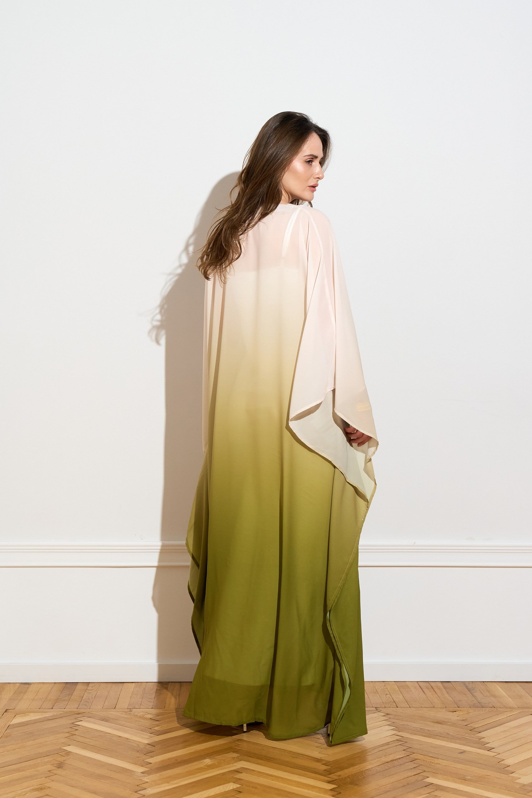 Open chiffon kaftan in Olive Ombré from the side 