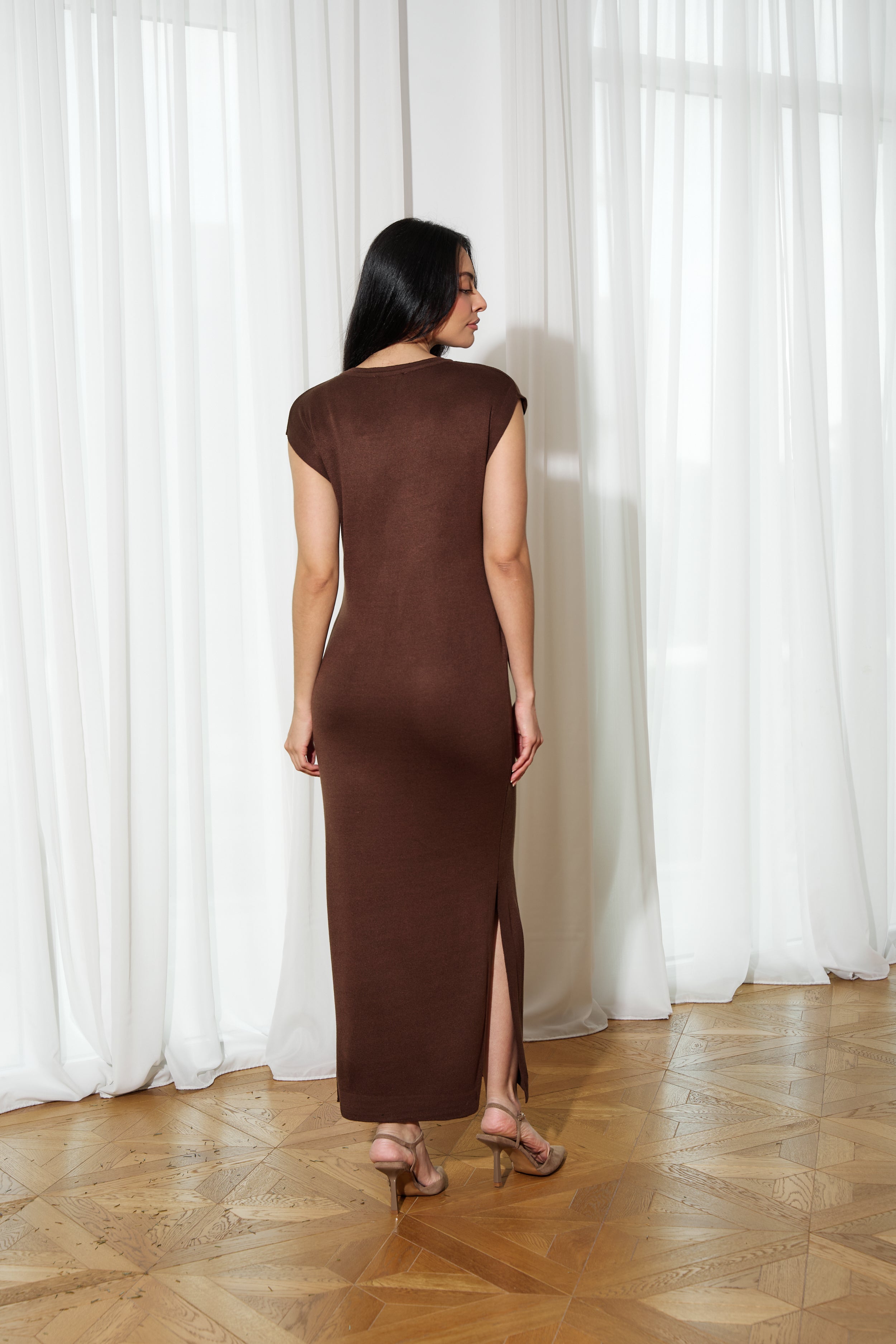 Knit dress in Chocolate from the Back 