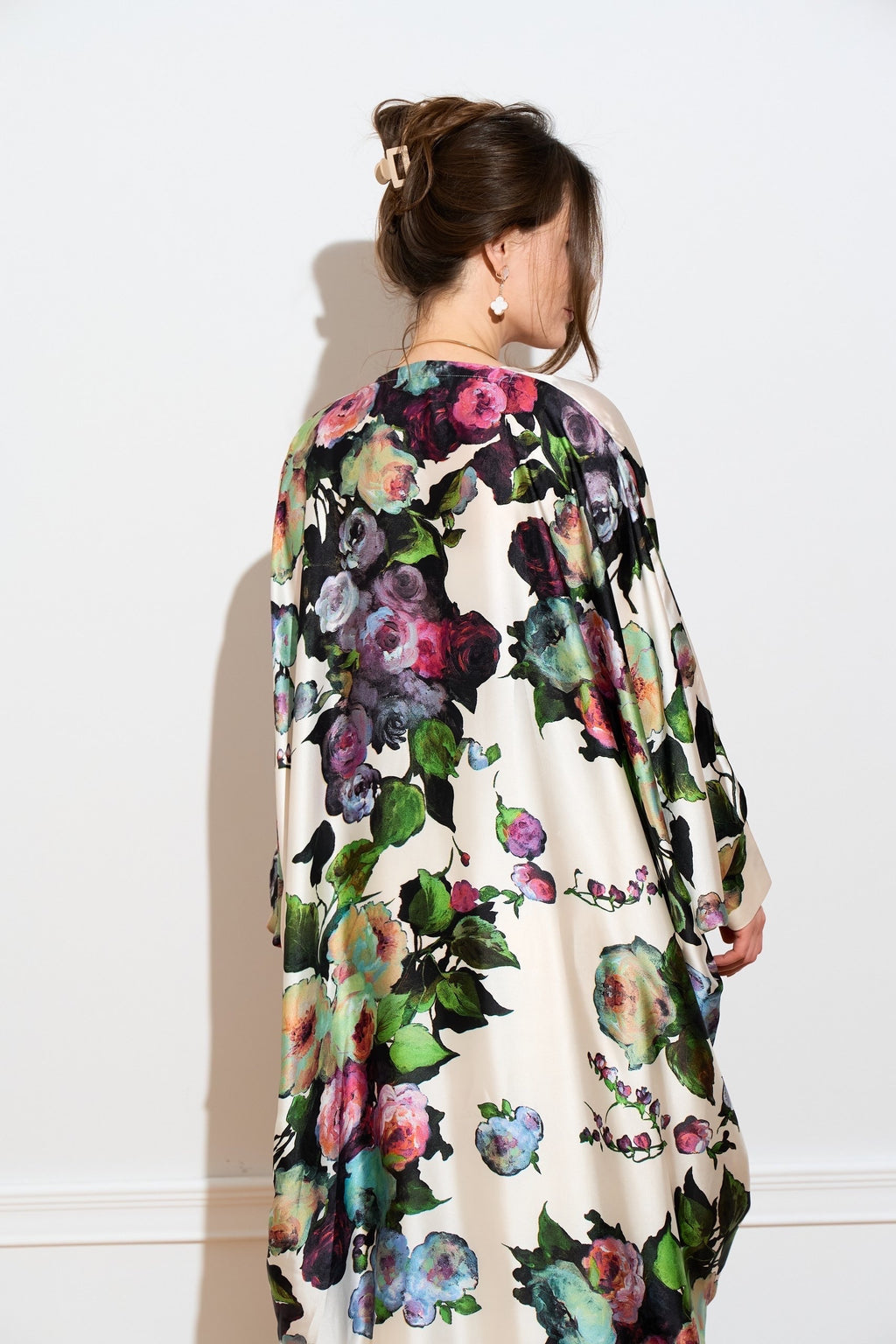 Silk Floral abaya cape from the back close up 