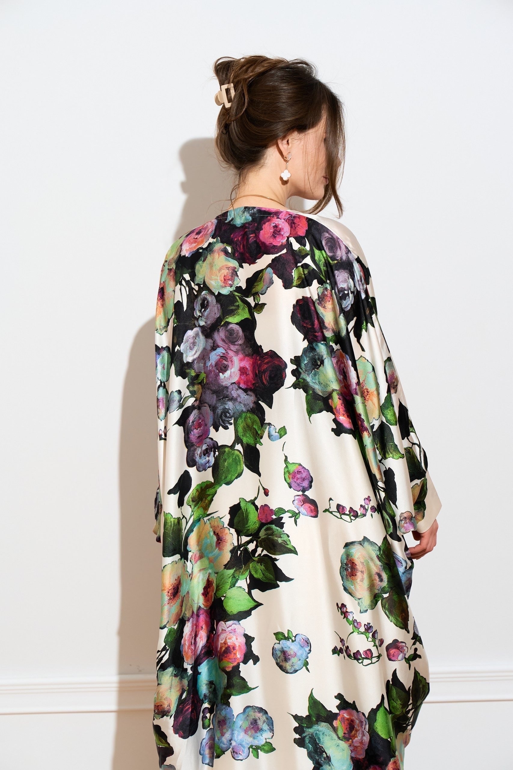 Silk Floral abaya cape from the back close up 