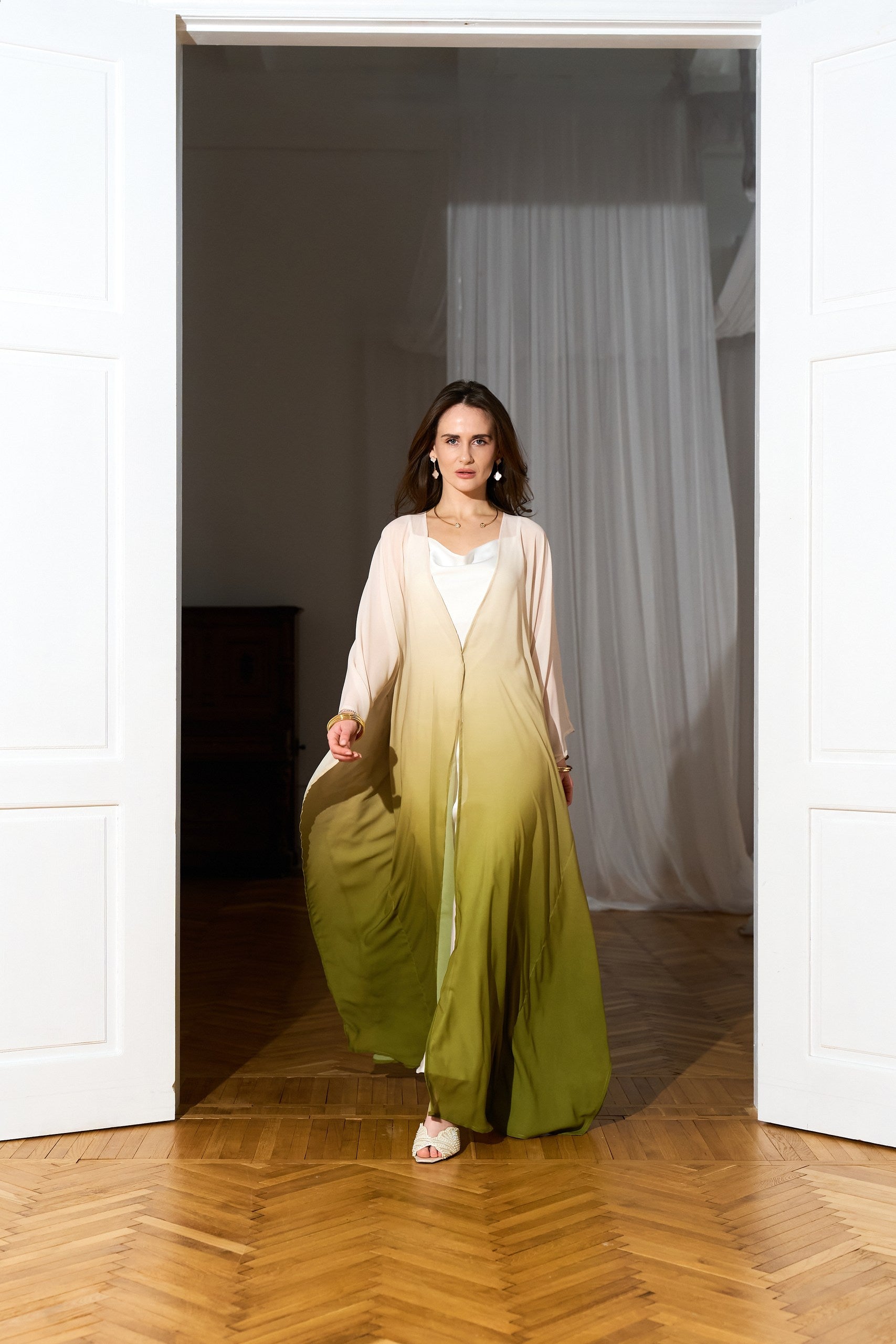 Open chiffon kaftan in Olive Ombré from the front runway 