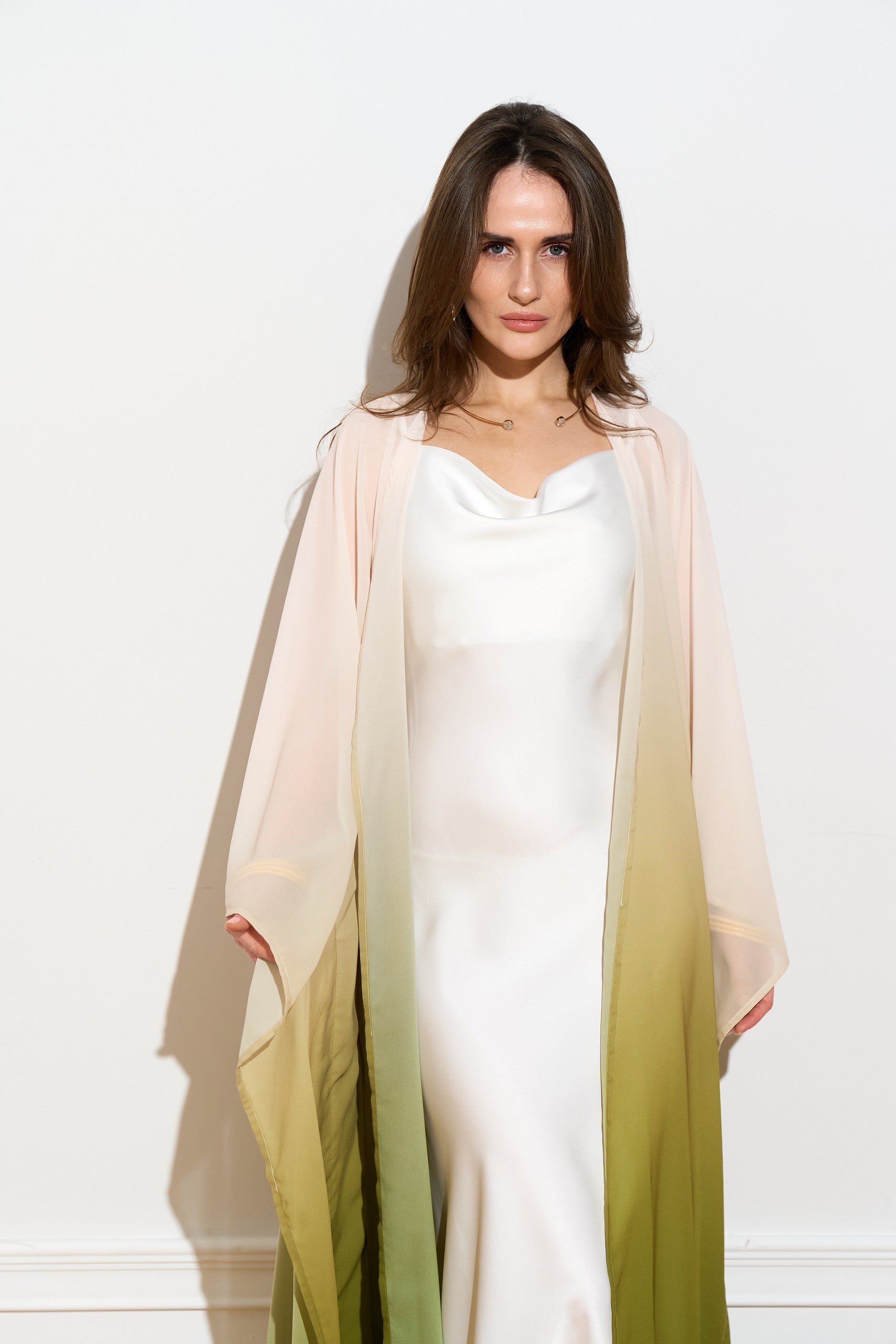 Open chiffon kaftan in Olive Ombré from the front close up