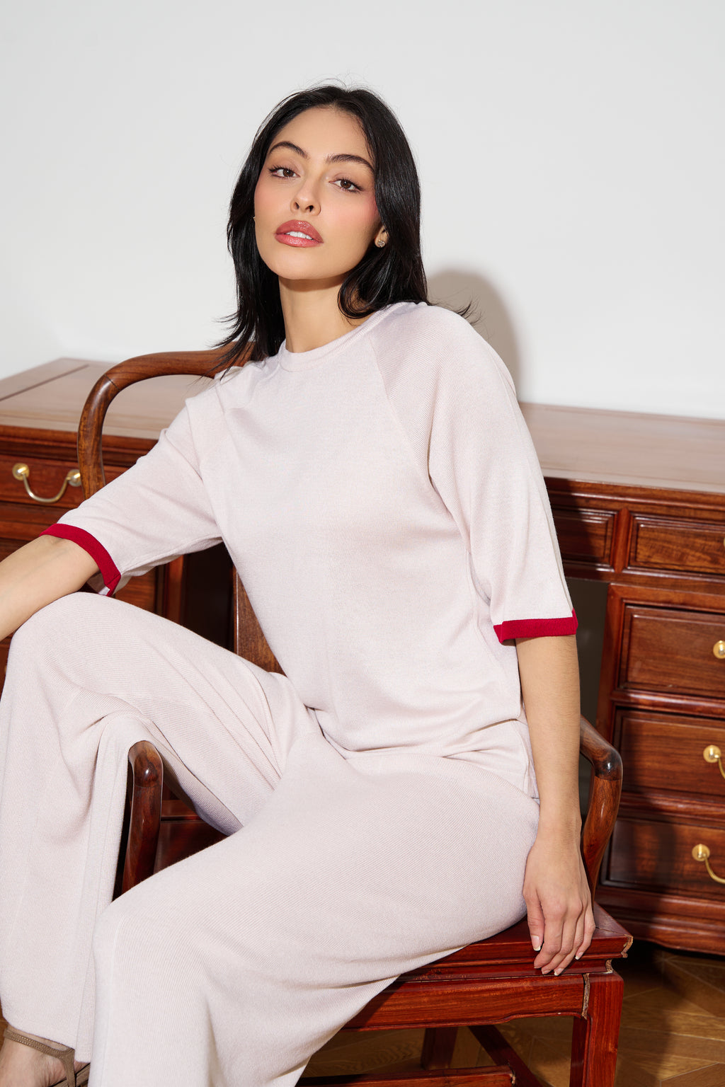 Ivory lightweight top with a burgundy stripe 