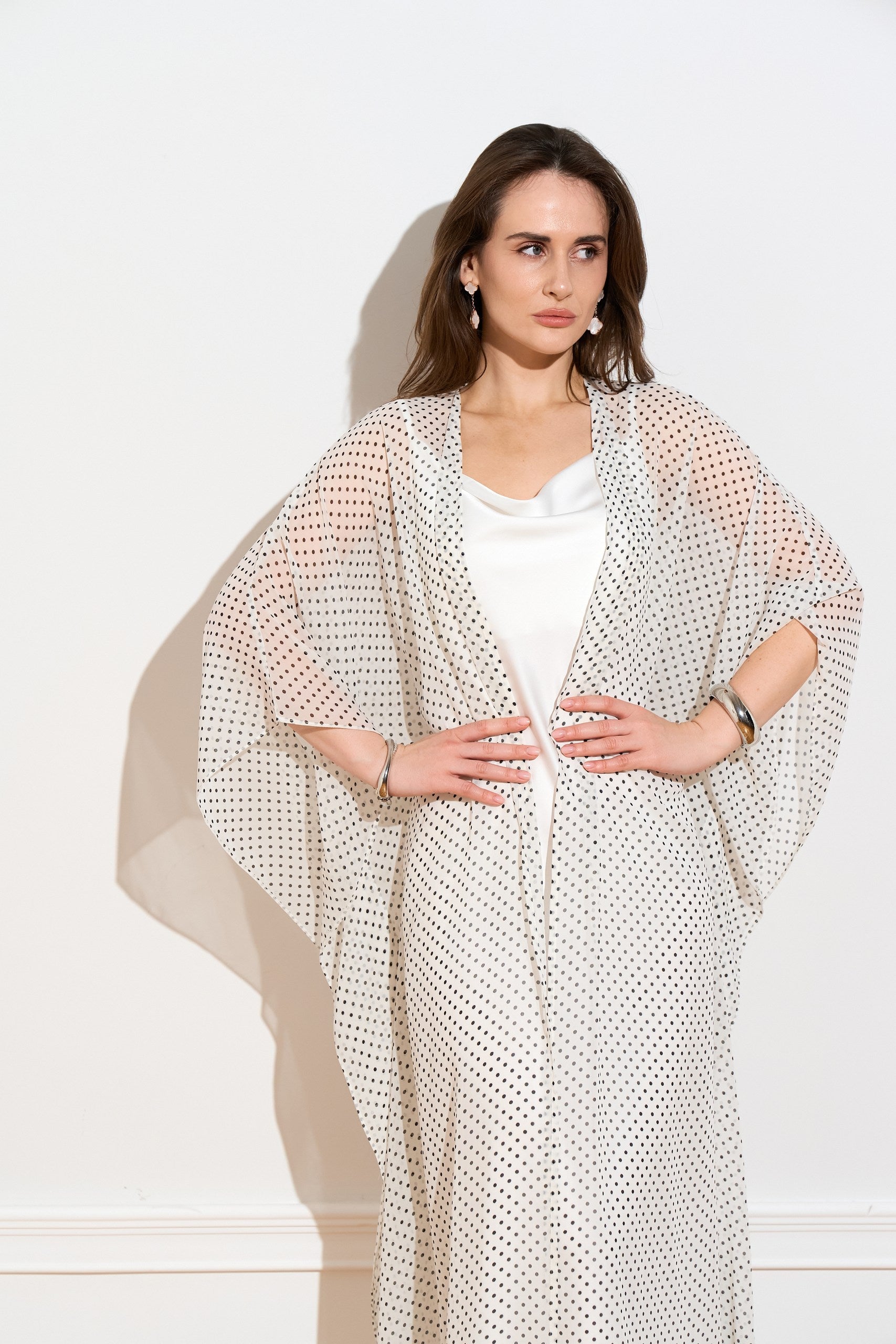 Light chiffon polka dot open kaftan close up
