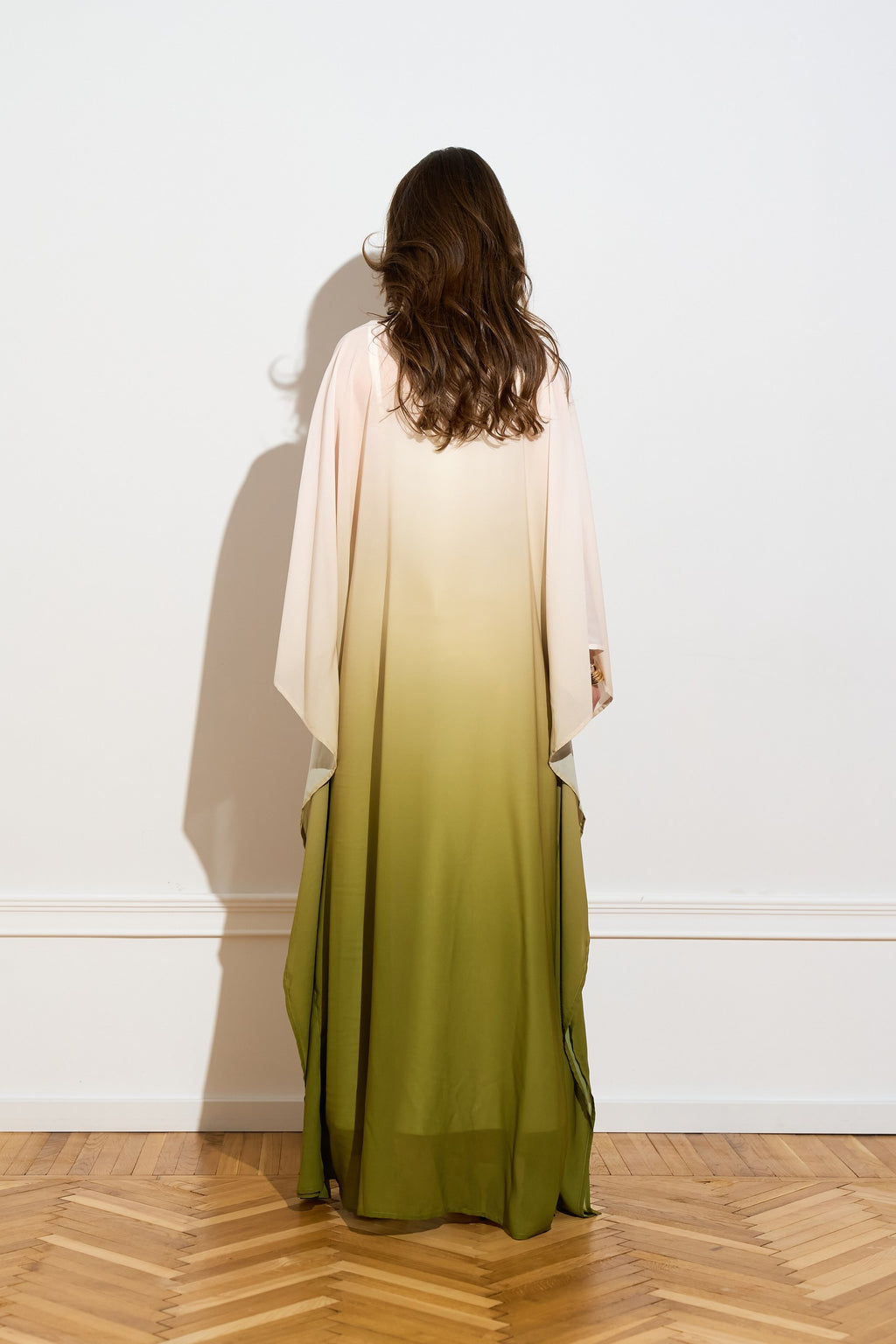 Open chiffon kaftan in Olive Ombré from the back 