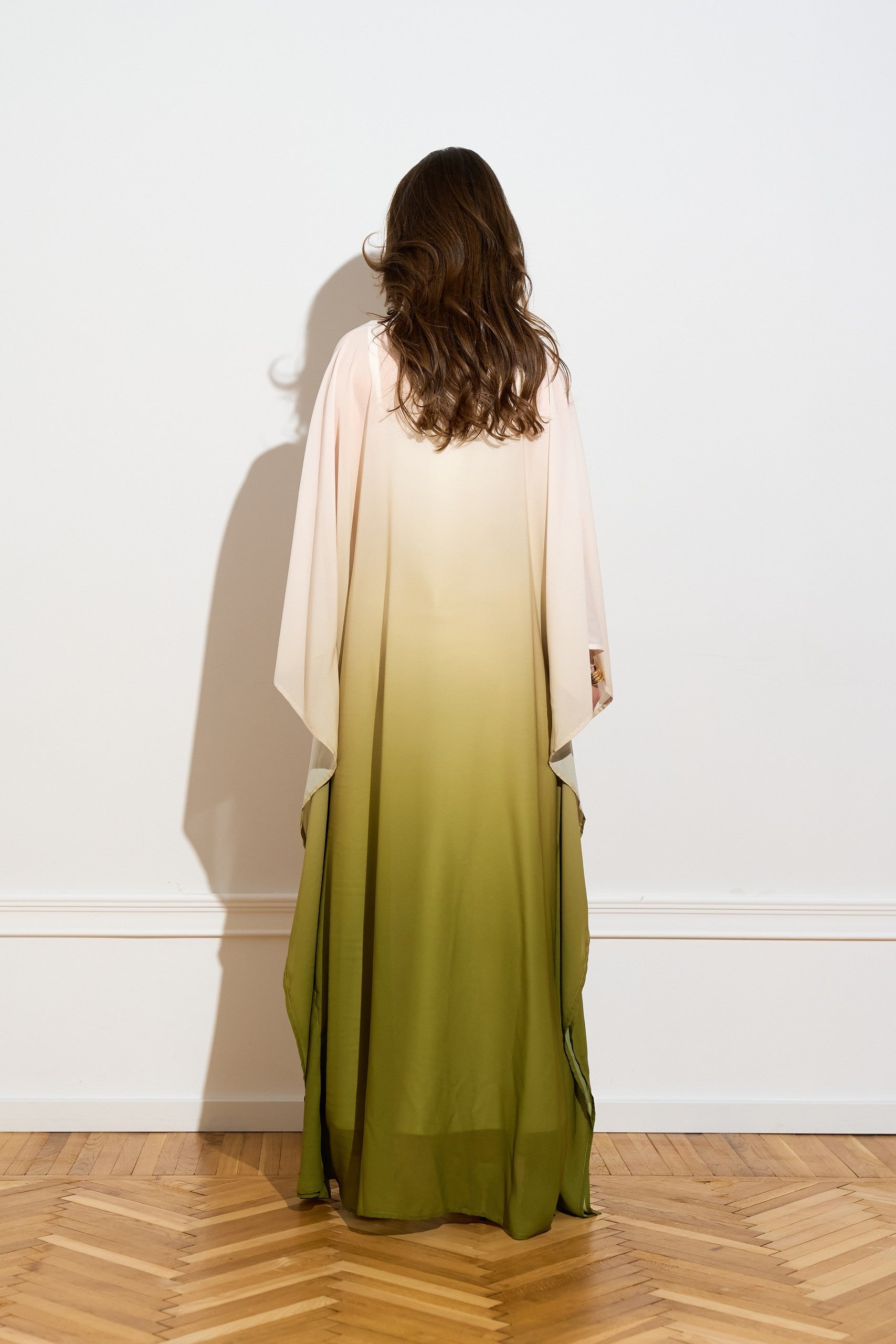 Open chiffon kaftan in Olive Ombré from the back 