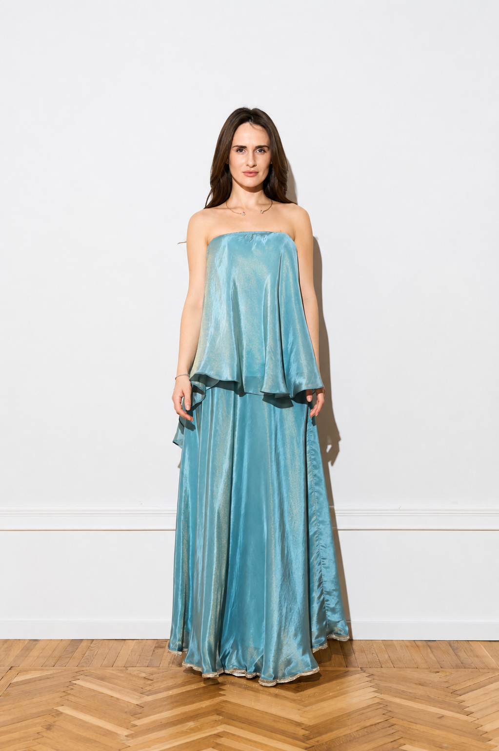 Iridescent Sky Blue organza dress from the front 