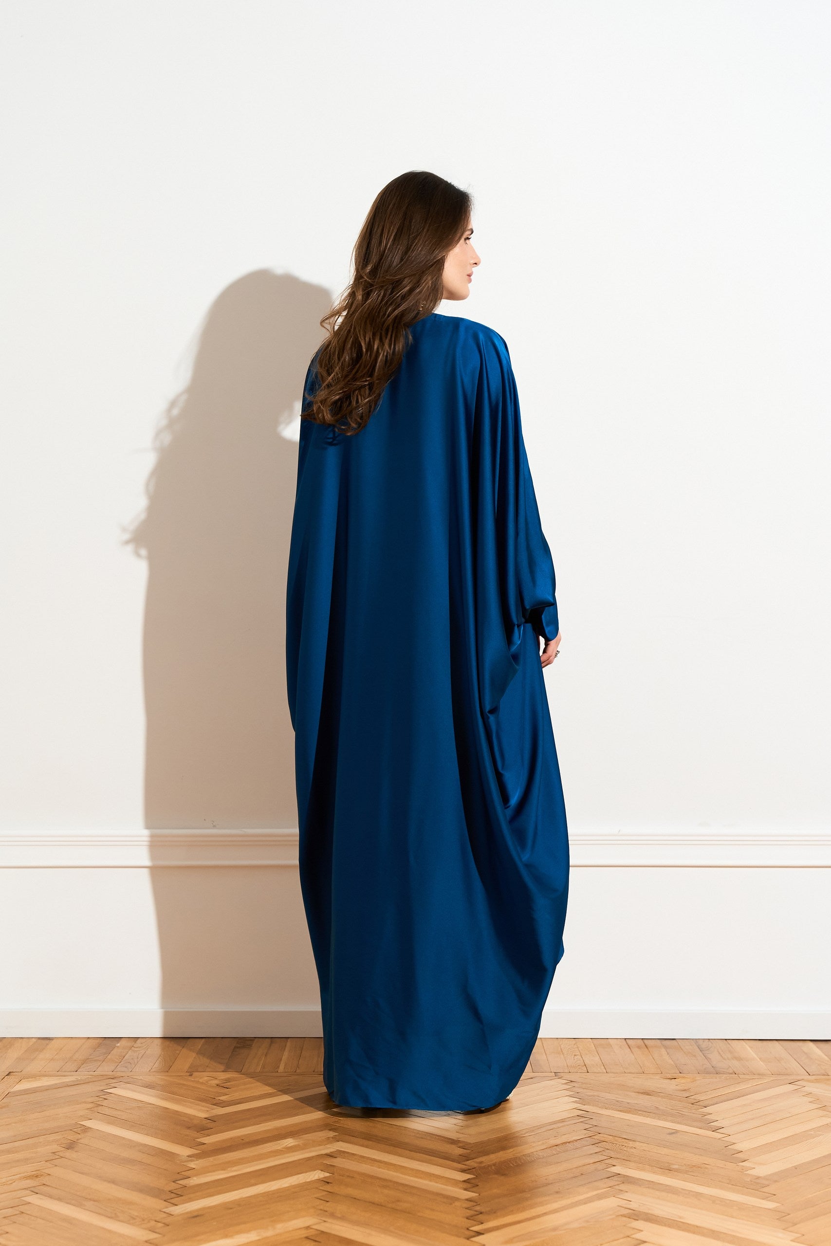 Silk abaya cape in Deep Blue color from the back
