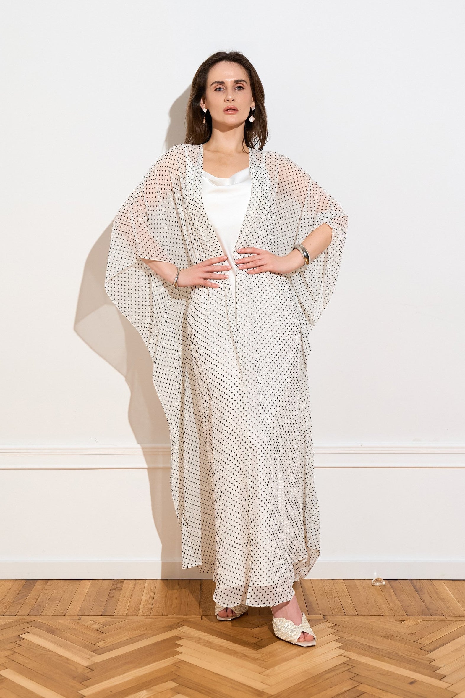 Light chiffon polka dot open kaftan from the front 