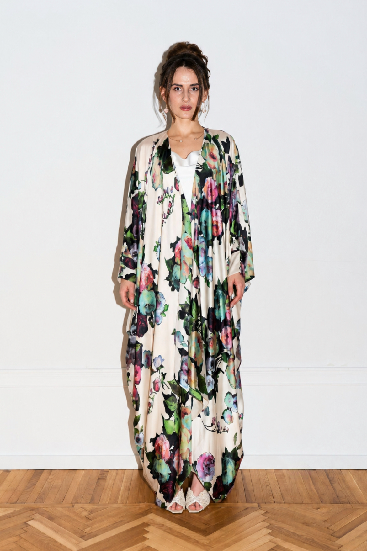 Silk Floral abaya cape from the front