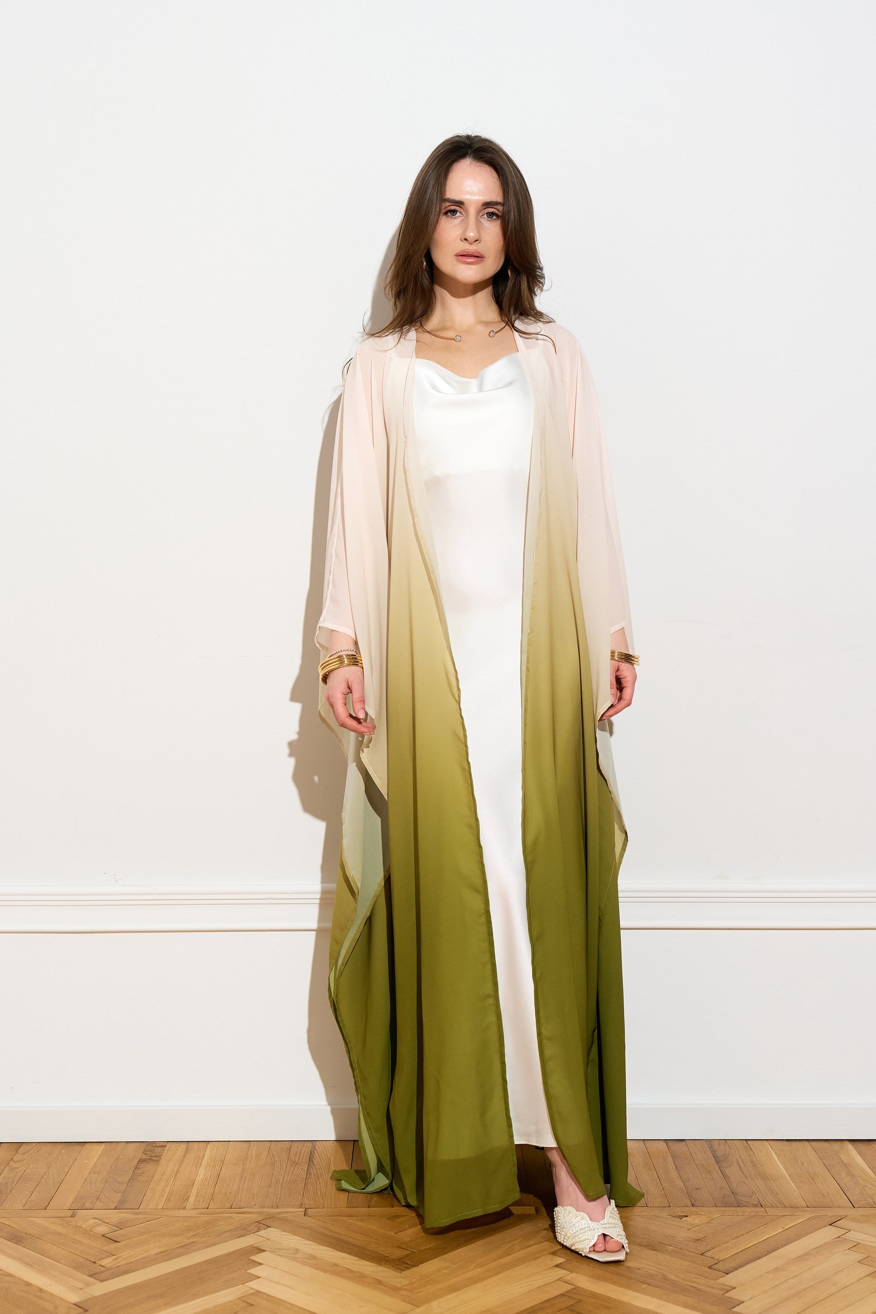 Open chiffon kaftan in Olive Ombré from the front 