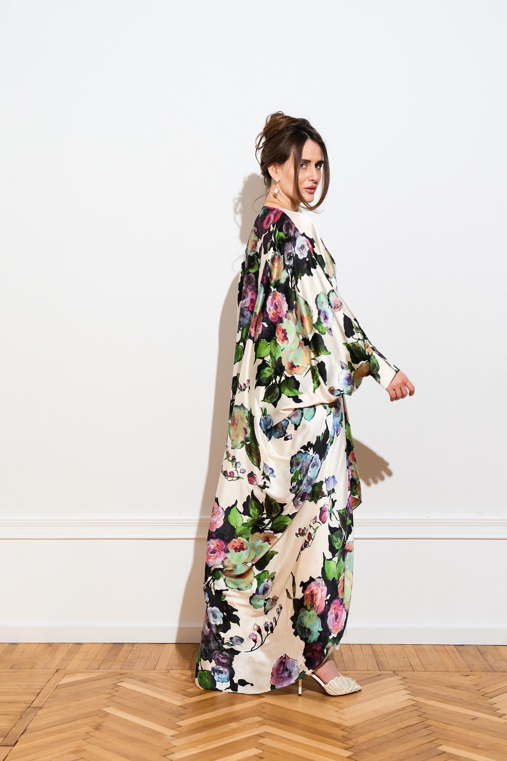 Silk Floral abaya cape from the side 