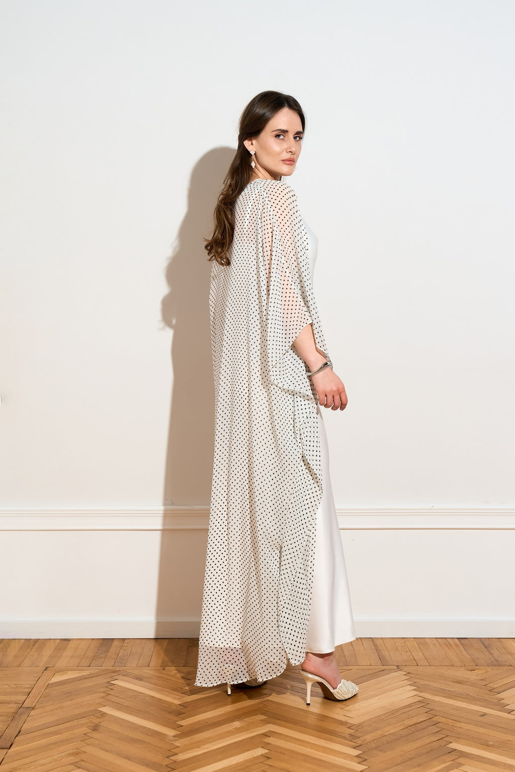 Light chiffon polka dot open kaftan from the side 