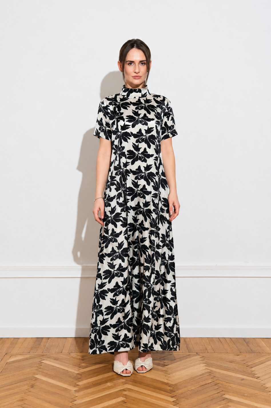 A silk Black & White floral maxi dress from front 