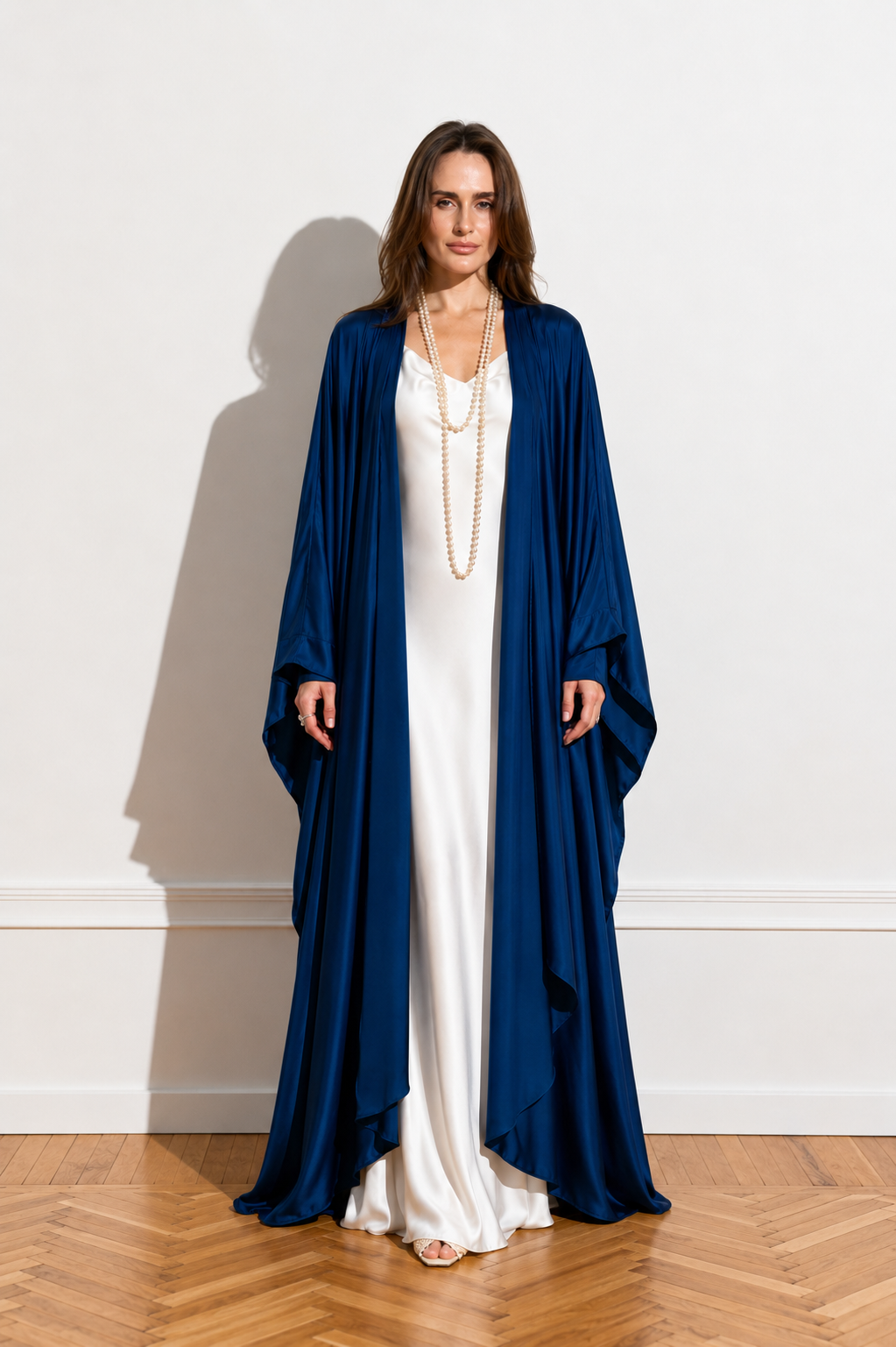 Silk abaya cape in Deep Blue color from the front 
